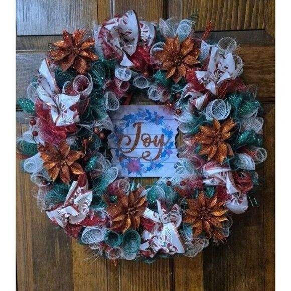 Hand Made Deco Mesh Christmas Poinsettia Holiday Door Wreath Winter Home Decor - Picture 1 of 7